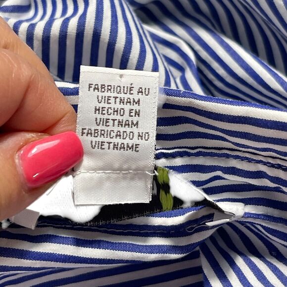 Seersucker Cropped Shirt Sz XL Blue Striped Summer Beach Front Twist Office - Picture 9 of 9